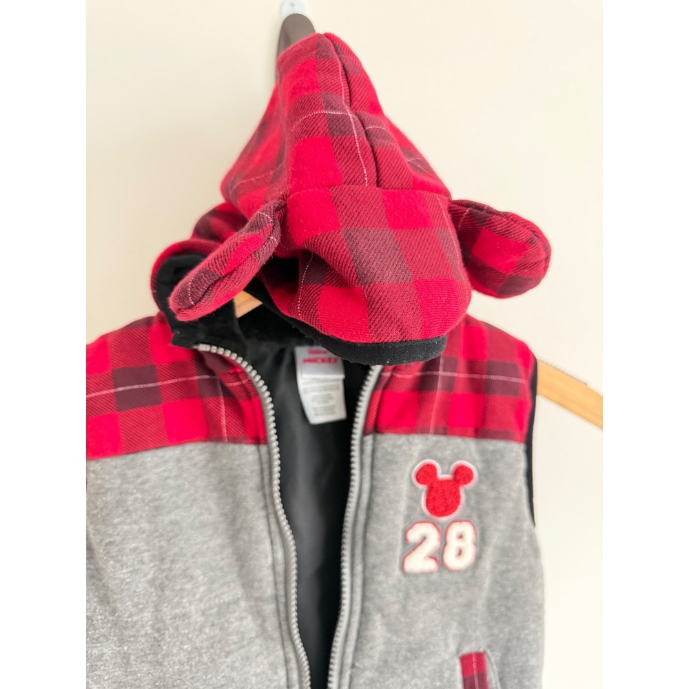 Junior Mickey Boys Mickey Mouse Plaid Ear Hooded Vest 3T Gray Red Preppy